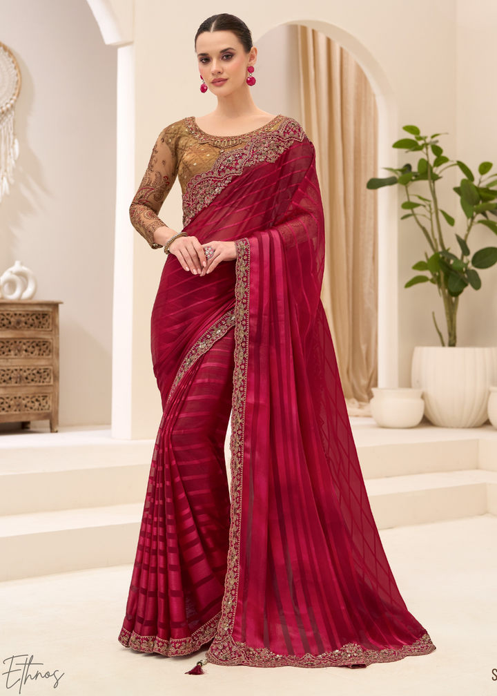 Deep Maroon Textured Satin Georgette Saree
