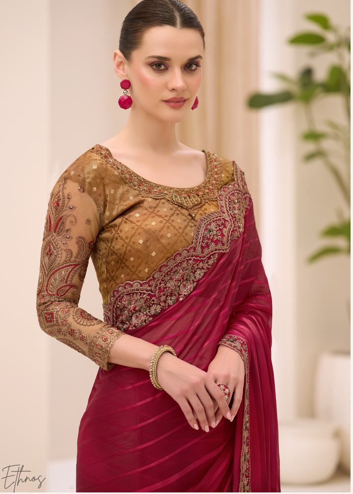 Deep Maroon Textured Satin Georgette Saree