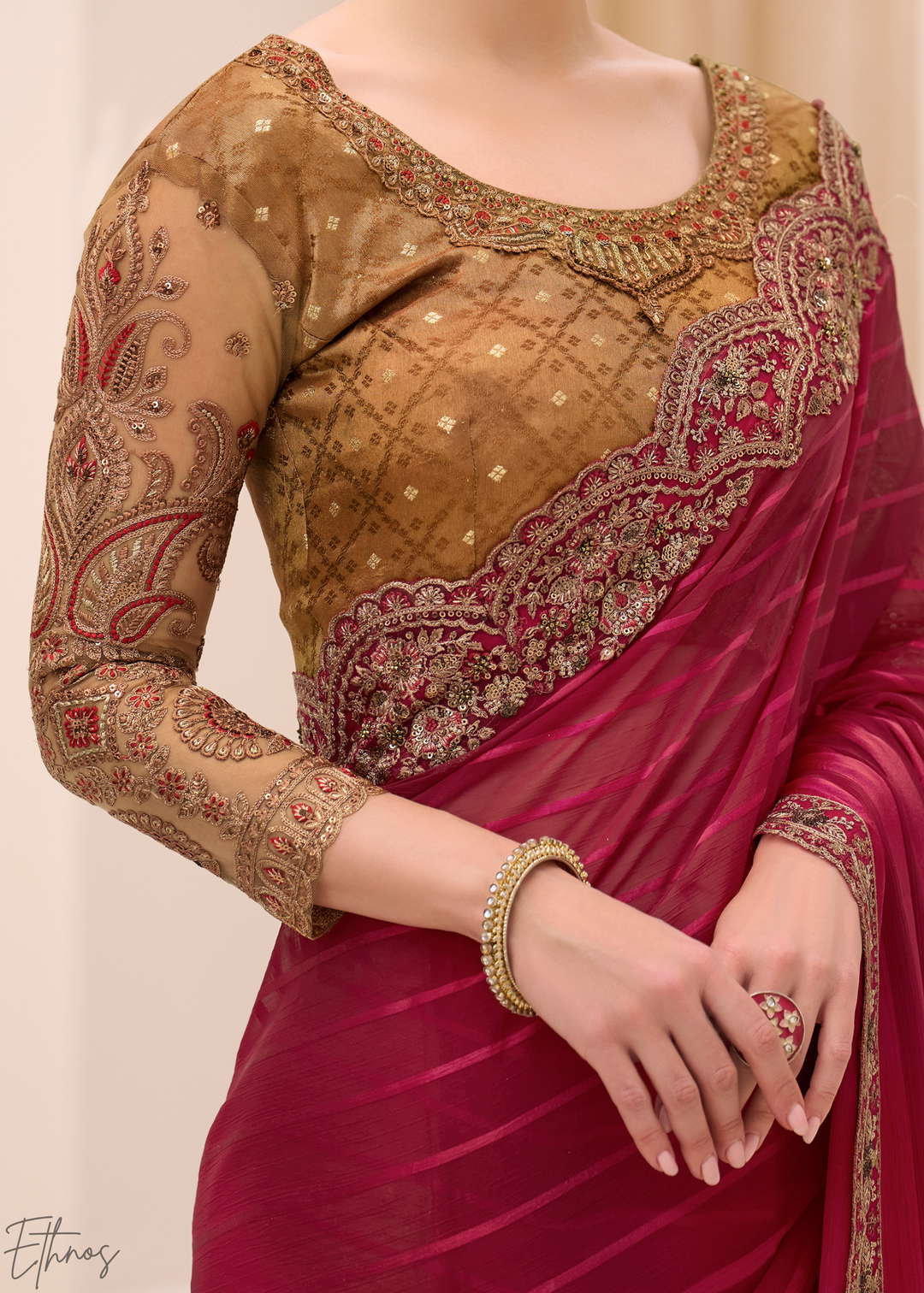 Deep Maroon Textured Satin Georgette Saree