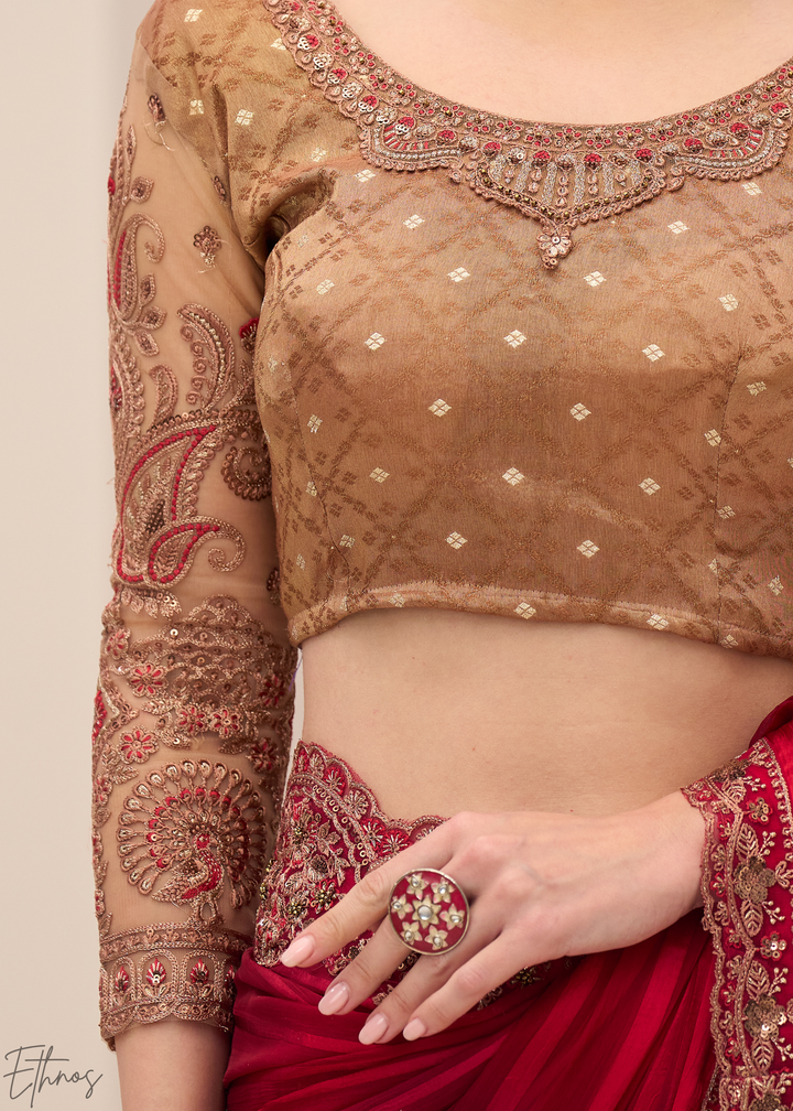 Deep Maroon Textured Satin Georgette Saree