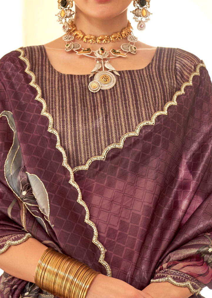 Deep Mulberry Digital-Bloom Crepe Silk Saree