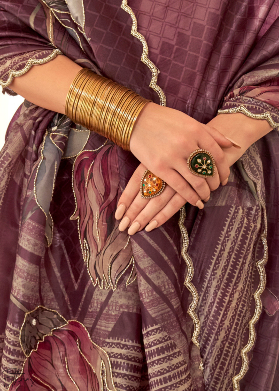 Deep Mulberry Digital-Bloom Crepe Silk Saree