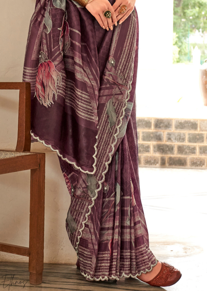 Deep Mulberry Digital-Bloom Crepe Silk Saree