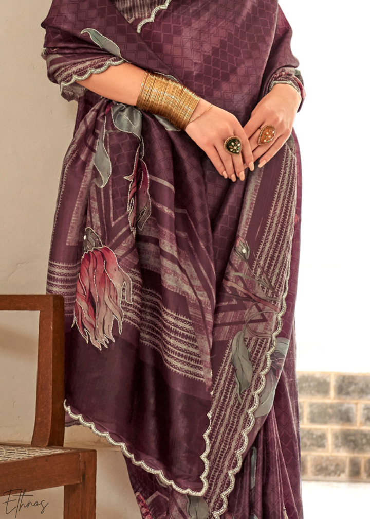 Deep Mulberry Digital-Bloom Crepe Silk Saree
