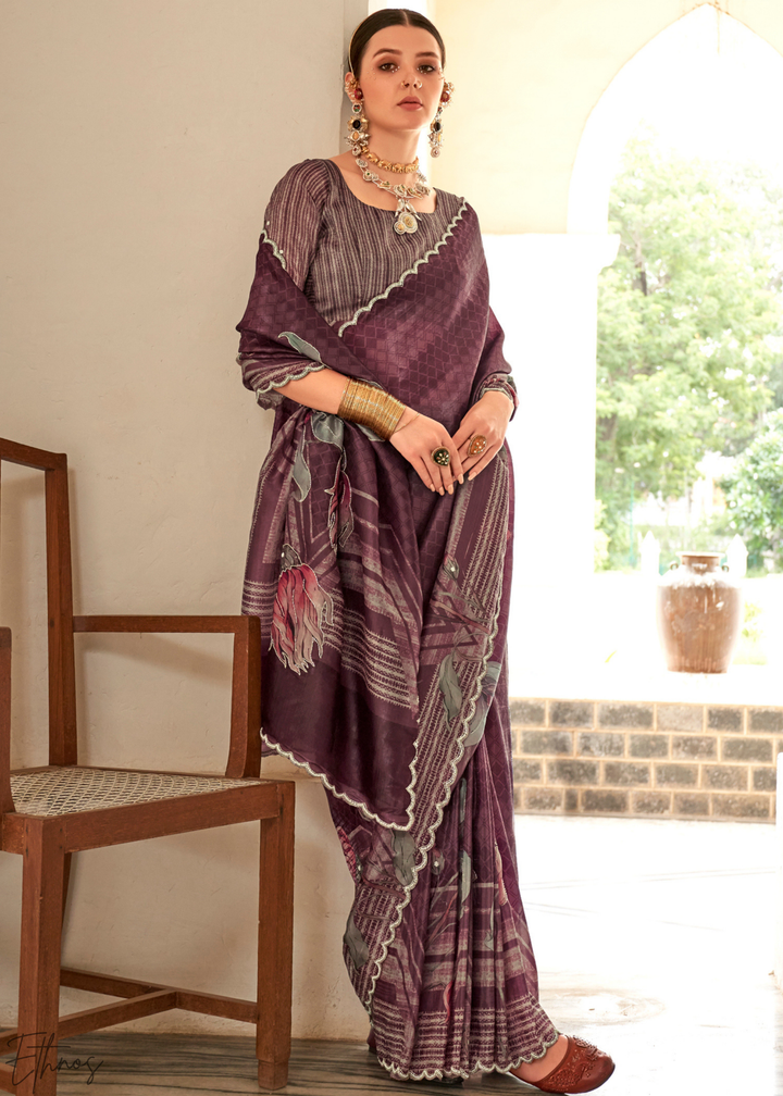 Deep Mulberry Digital-Bloom Crepe Silk Saree