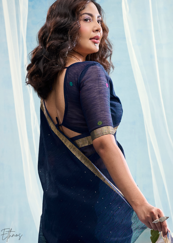 Deep Navy Jardin Woven Munga Silk Saree