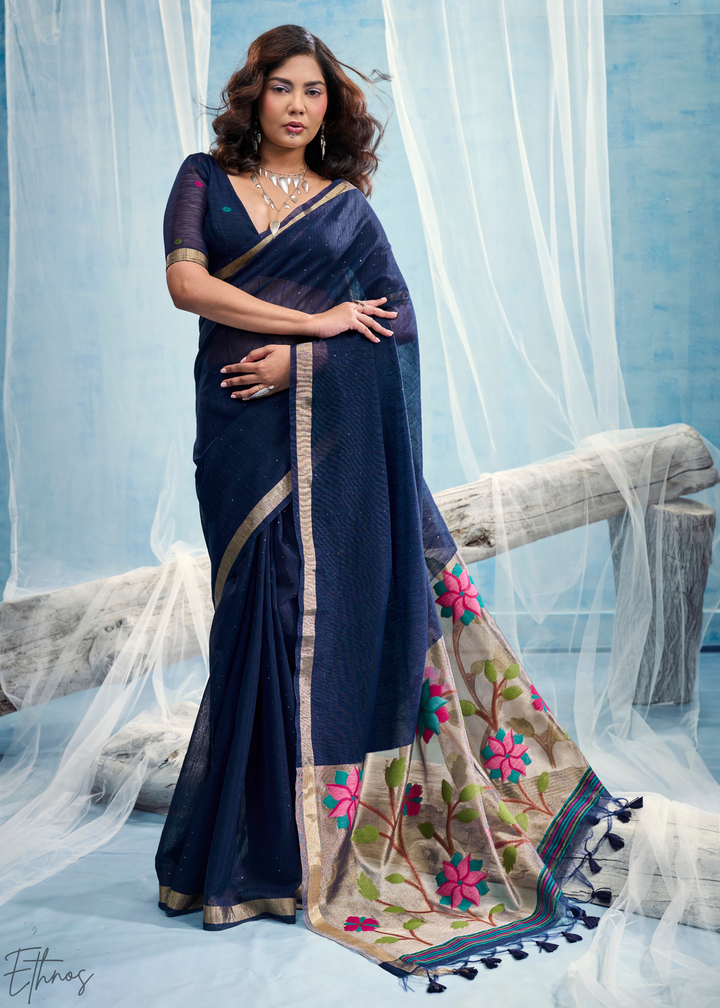 Deep Navy Jardin Woven Munga Silk Saree