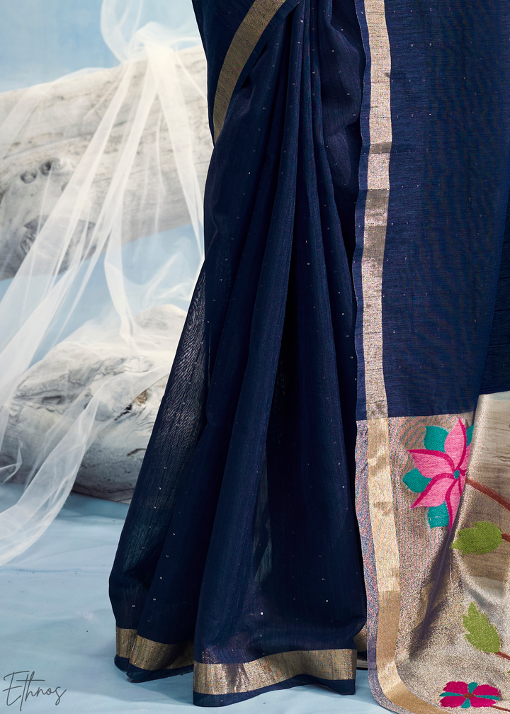 Deep Navy Jardin Woven Munga Silk Saree