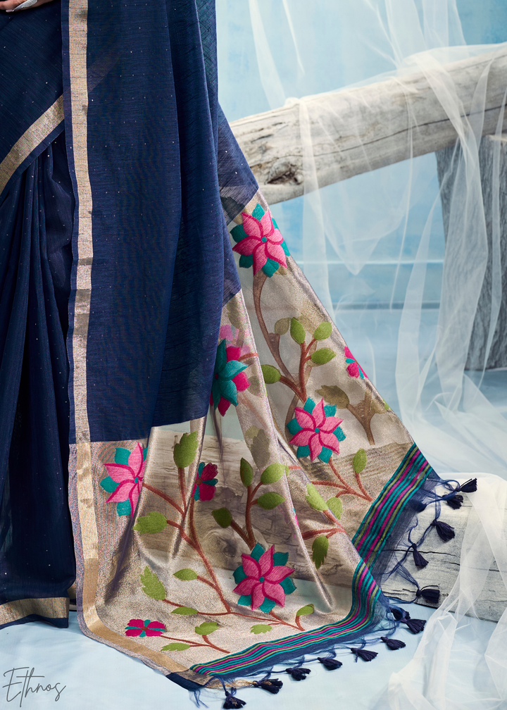 Deep Navy Jardin Woven Munga Silk Saree
