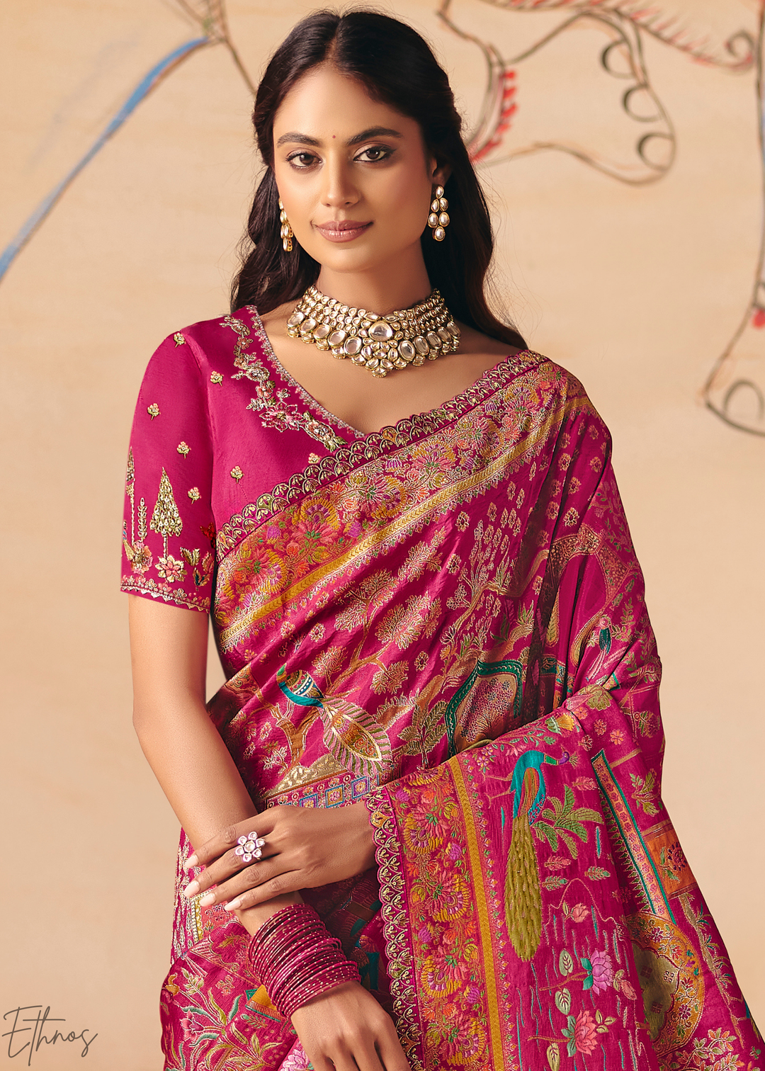 Deep Pink Kalamkari Dola Silk Saree