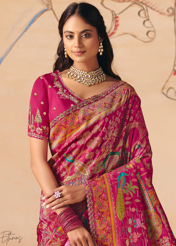 Deep Pink Kalamkari Dola Silk Saree