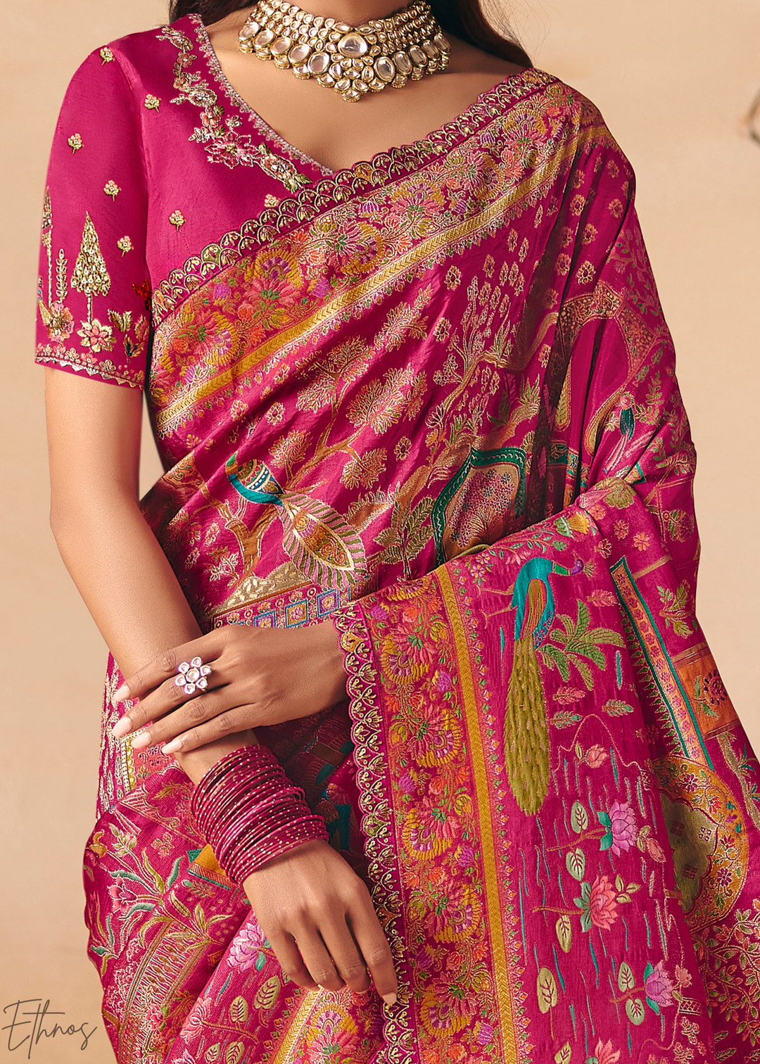 Deep Pink Kalamkari Dola Silk Saree
