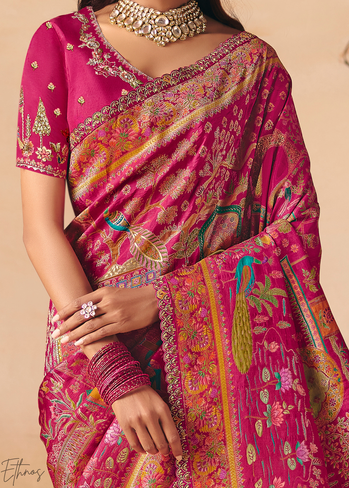 Deep Pink Kalamkari Dola Silk Saree