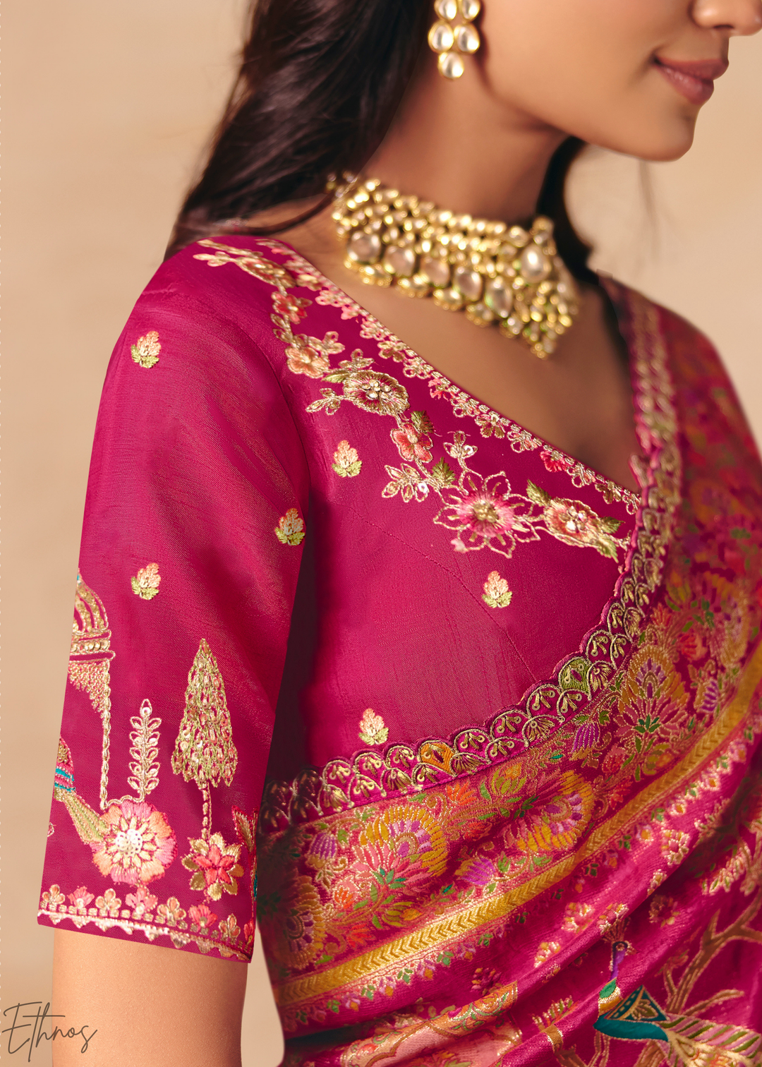 Deep Pink Kalamkari Dola Silk Saree