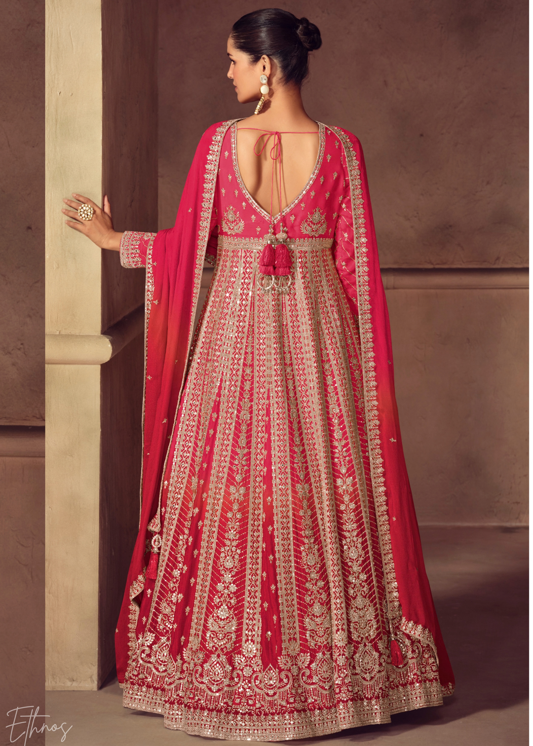 Deep Pink Floral-Embroidered Chinon Anarkali Gown Set