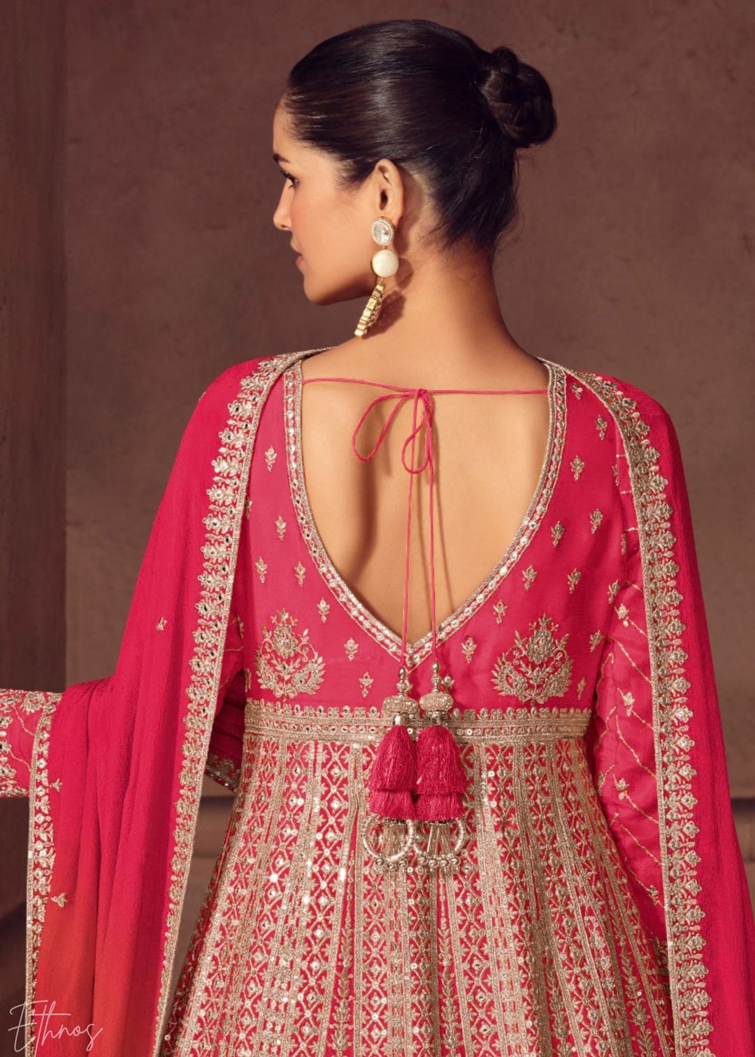 Deep Pink Floral-Embroidered Chinon Anarkali Gown Set