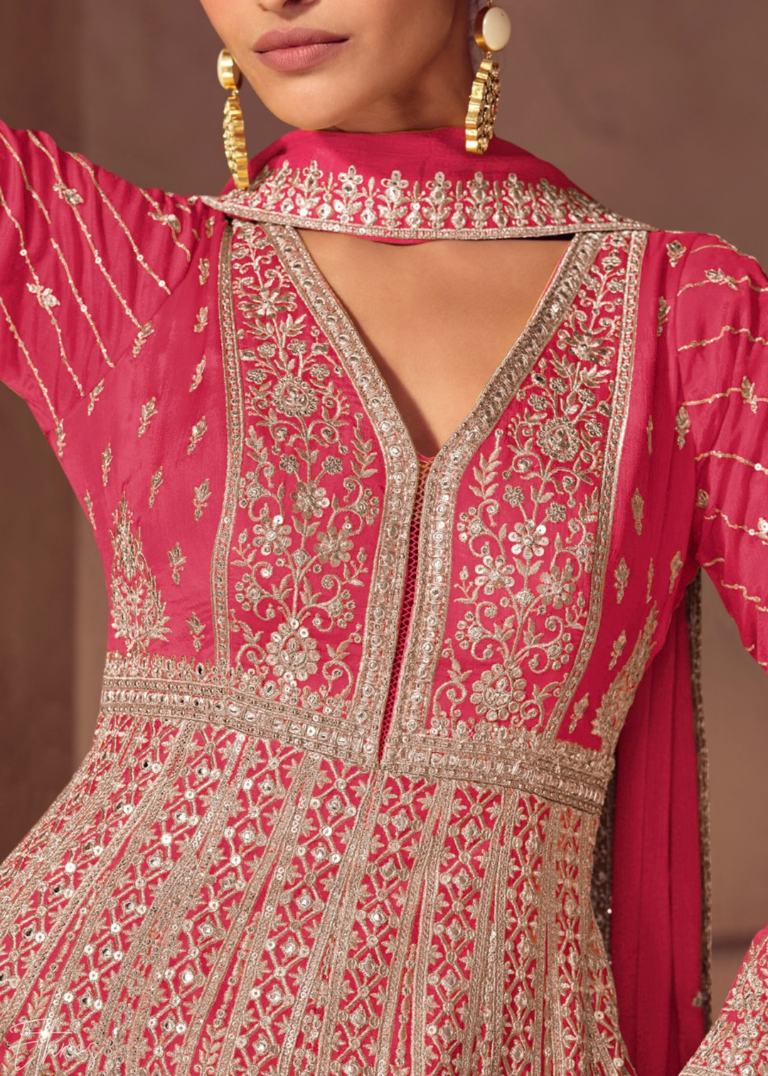 Deep Pink Floral-Embroidered Chinon Anarkali Gown Set
