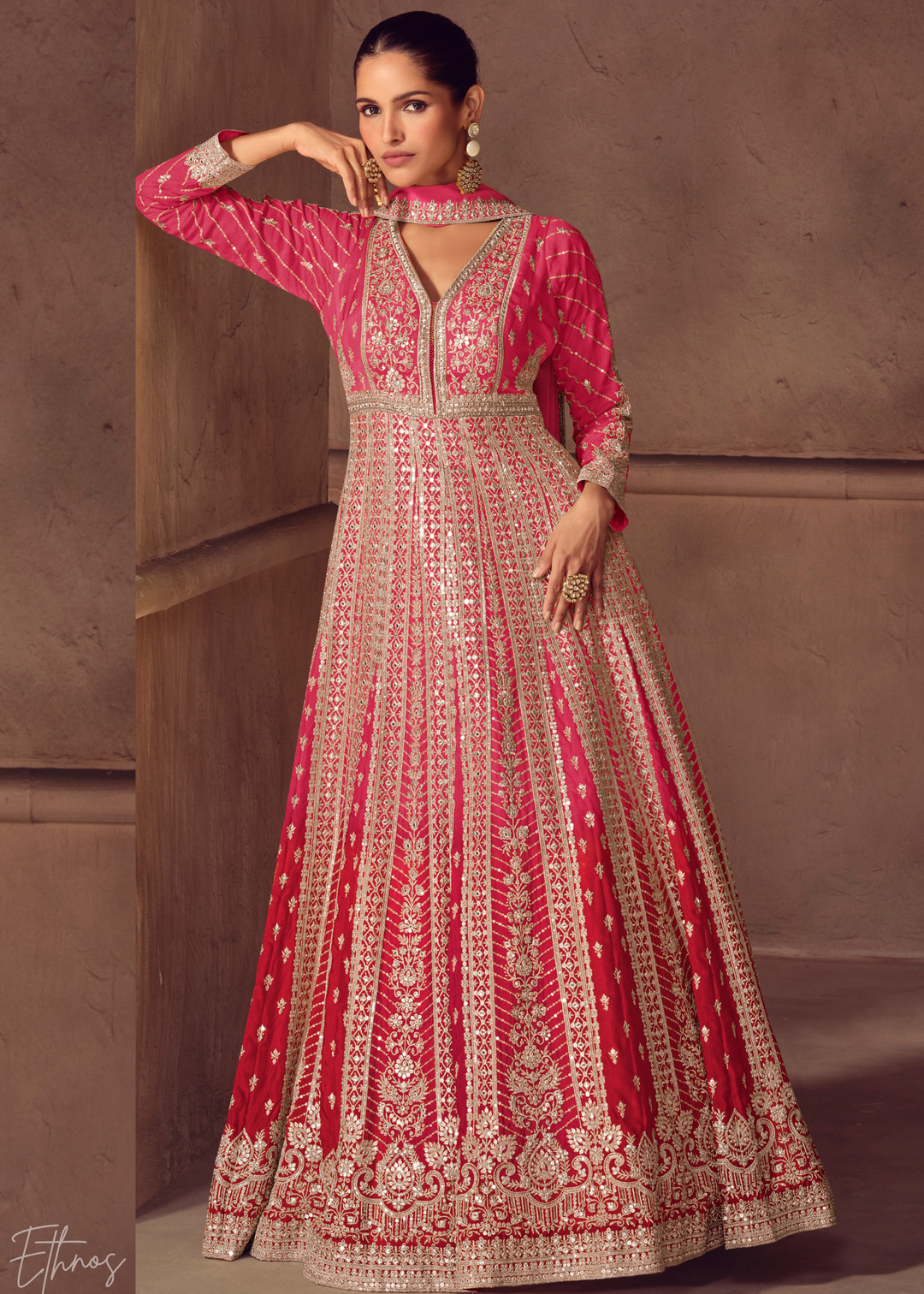 Deep Pink Floral-Embroidered Chinon Anarkali Gown Set