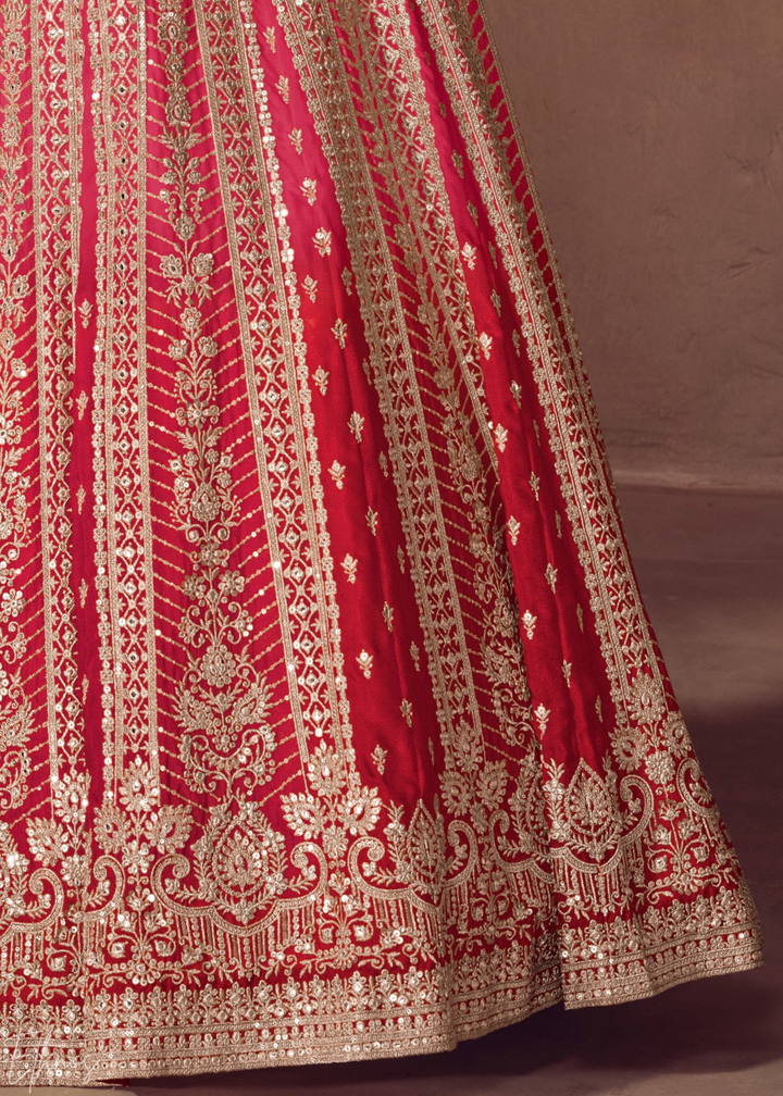 Deep Pink Floral-Embroidered Chinon Anarkali Gown Set