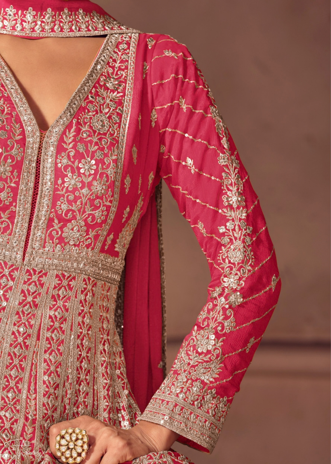 Deep Pink Floral-Embroidered Chinon Anarkali Gown Set