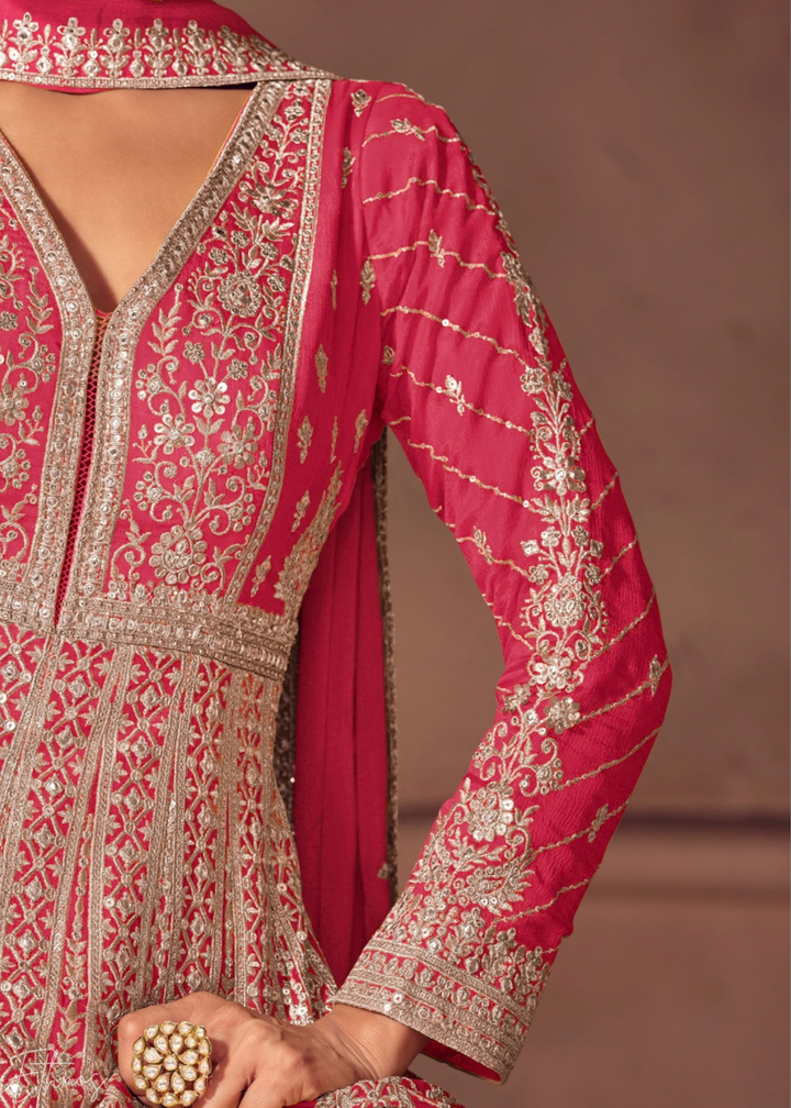 Deep Pink Floral-Embroidered Chinon Anarkali Gown Set