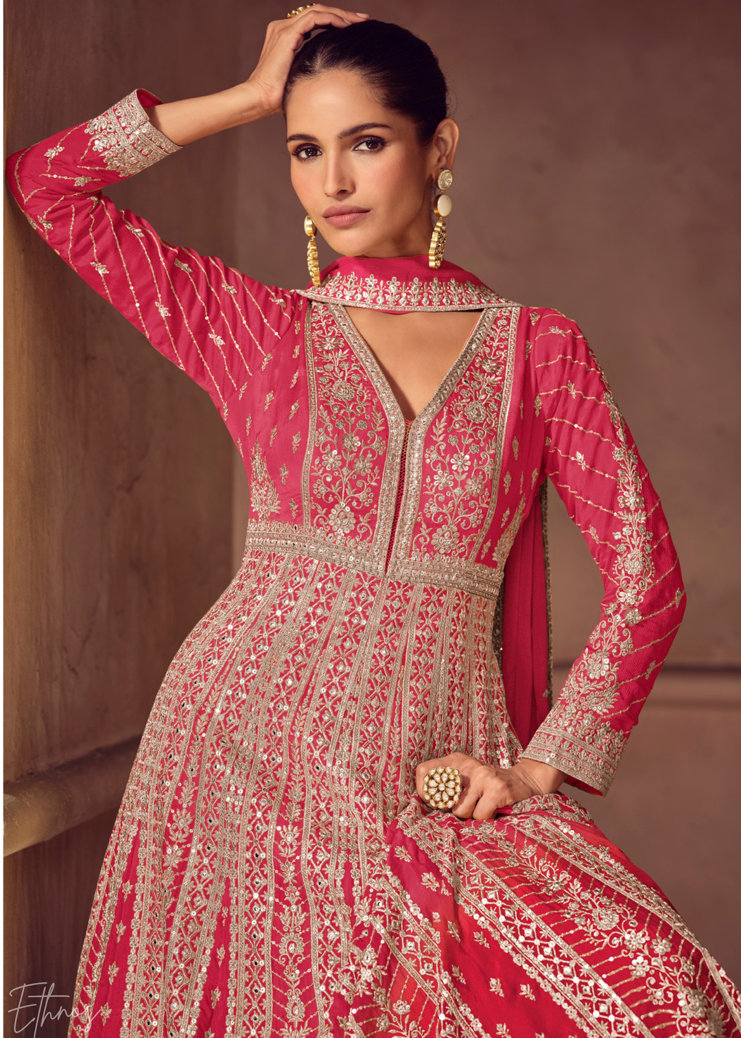 Deep Pink Floral-Embroidered Chinon Anarkali Gown Set