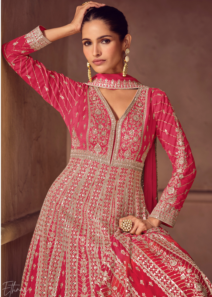 Deep Pink Floral-Embroidered Chinon Anarkali Gown Set