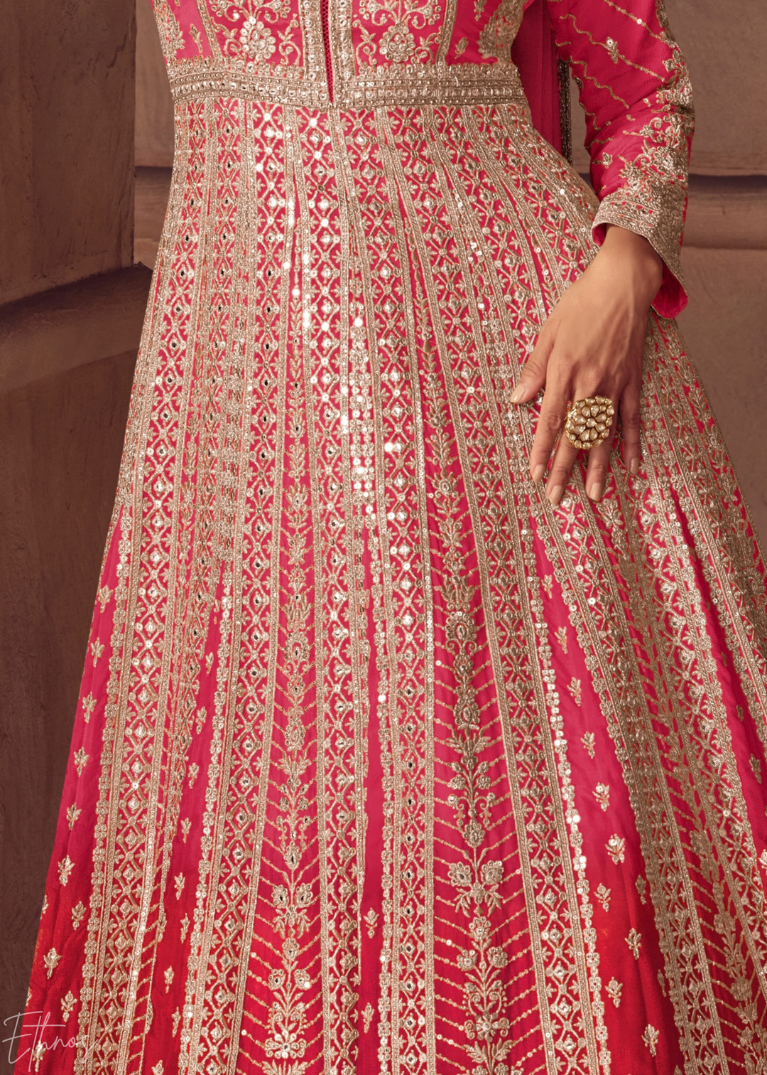 Deep Pink Floral-Embroidered Chinon Anarkali Gown Set
