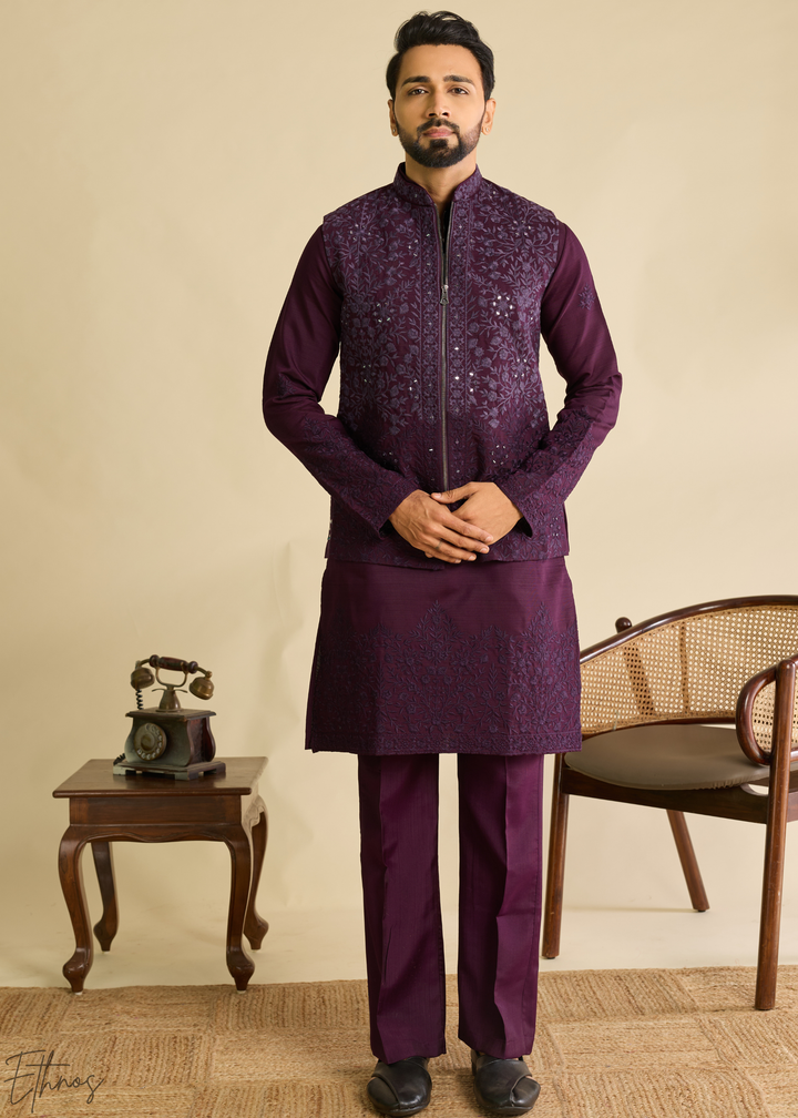 Deep Plum Blossom-Vine Silk Tunic Vest Set
