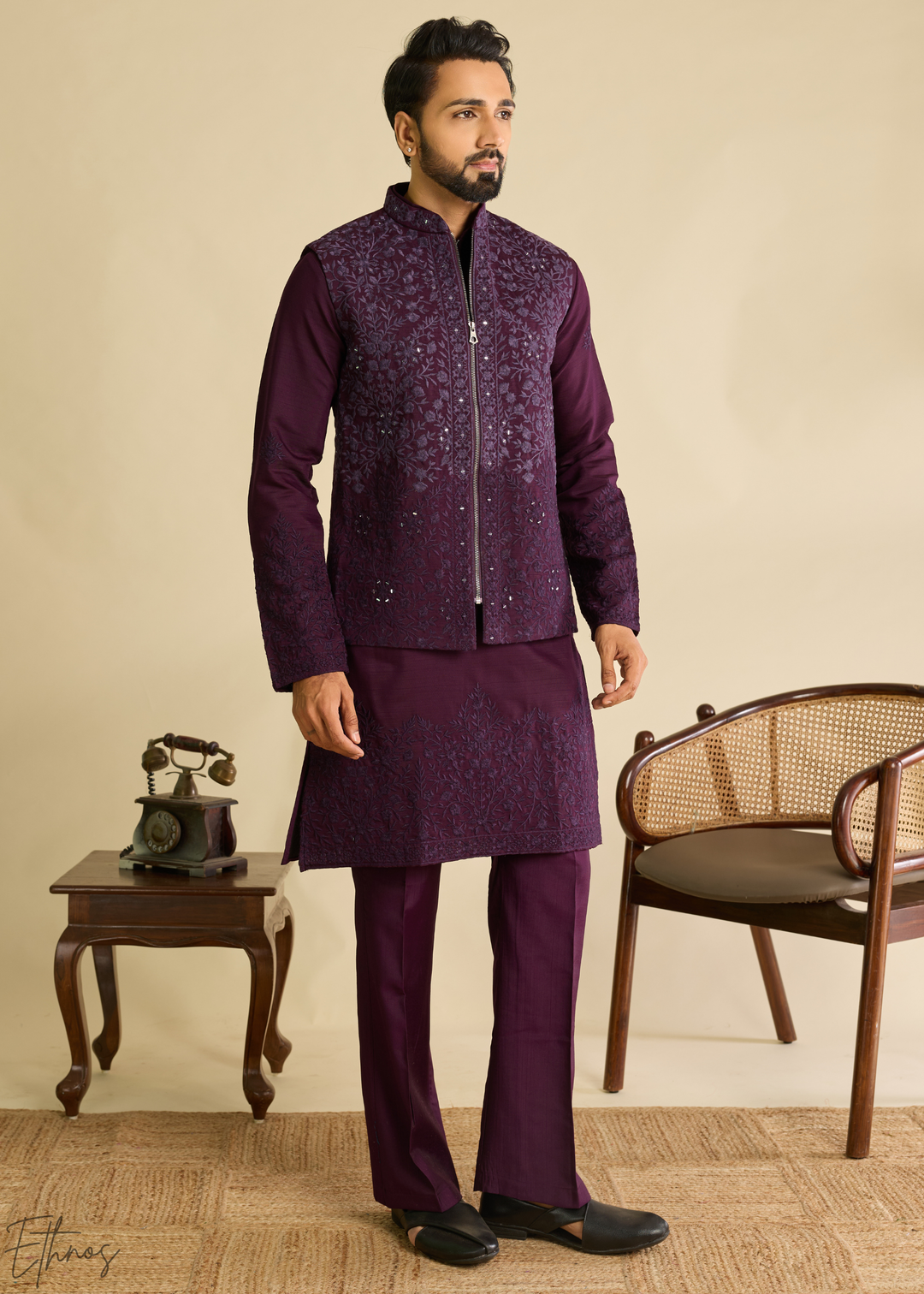 Deep Plum Blossom-Vine Silk Tunic Vest Set
