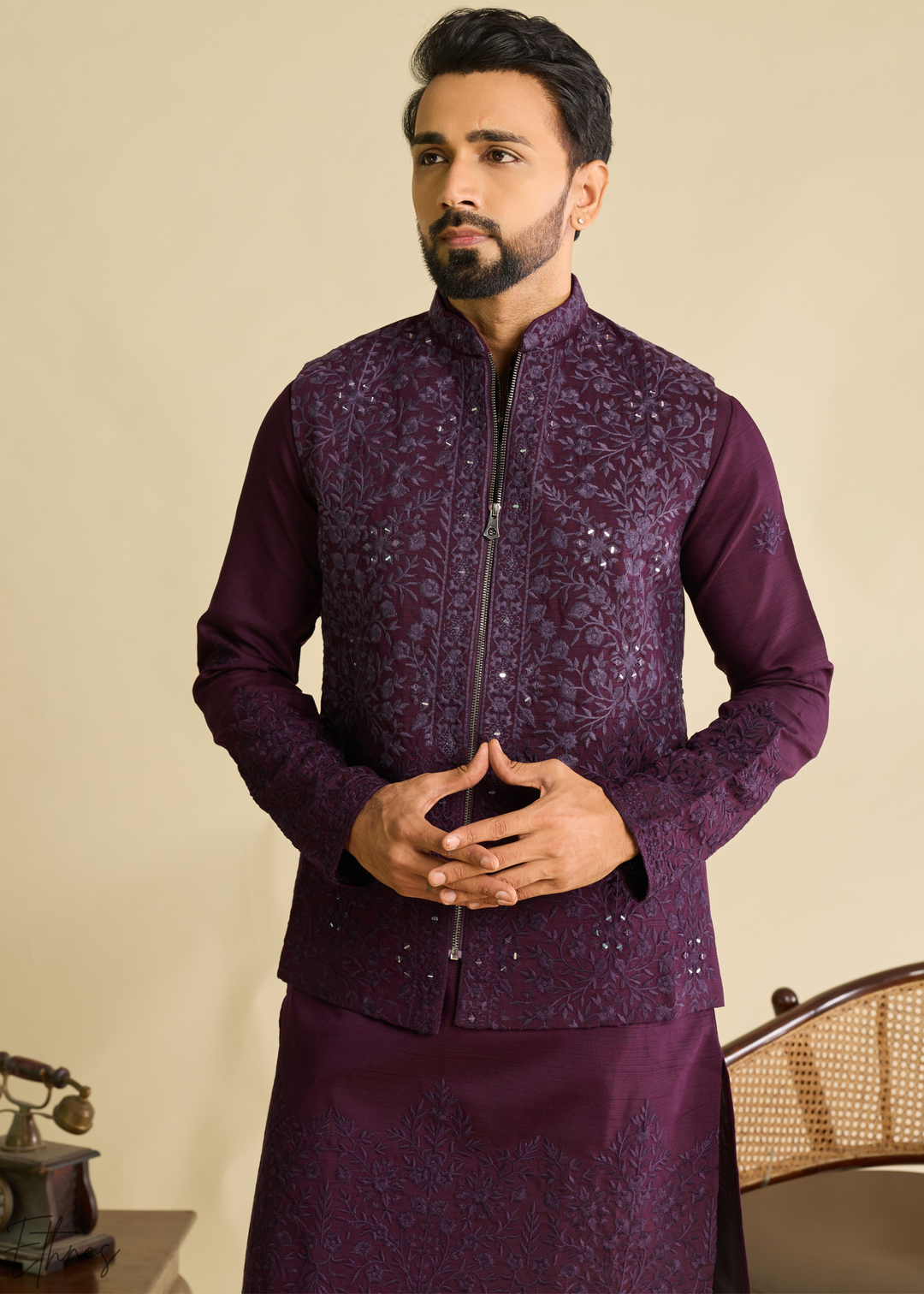 Deep Plum Blossom-Vine Silk Tunic Vest Set