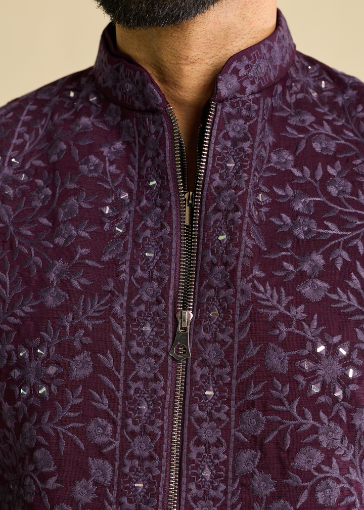 Deep Plum Blossom-Vine Silk Tunic Vest Set