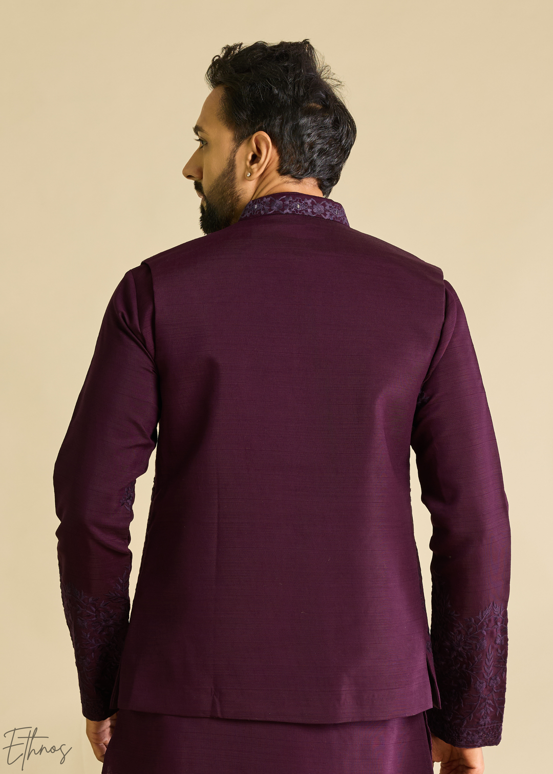Deep Plum Blossom-Vine Silk Tunic Vest Set