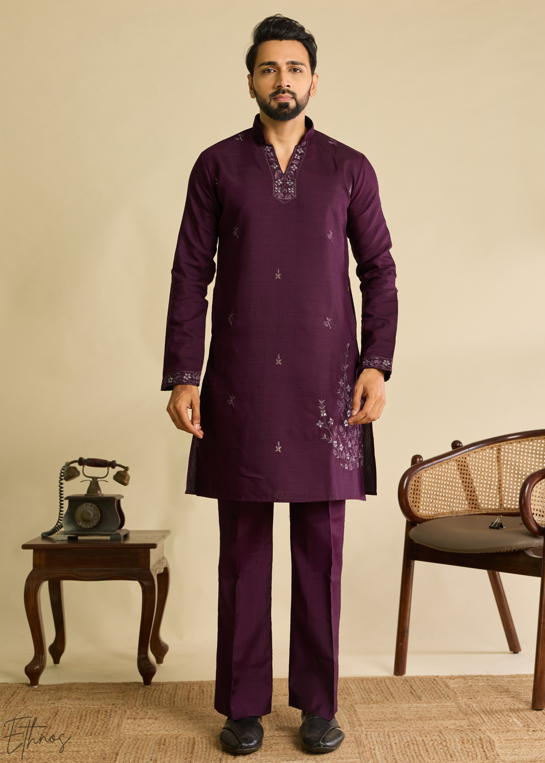 Plum Purple Floral-Embroidered Silk Tunic Waistcoat Set