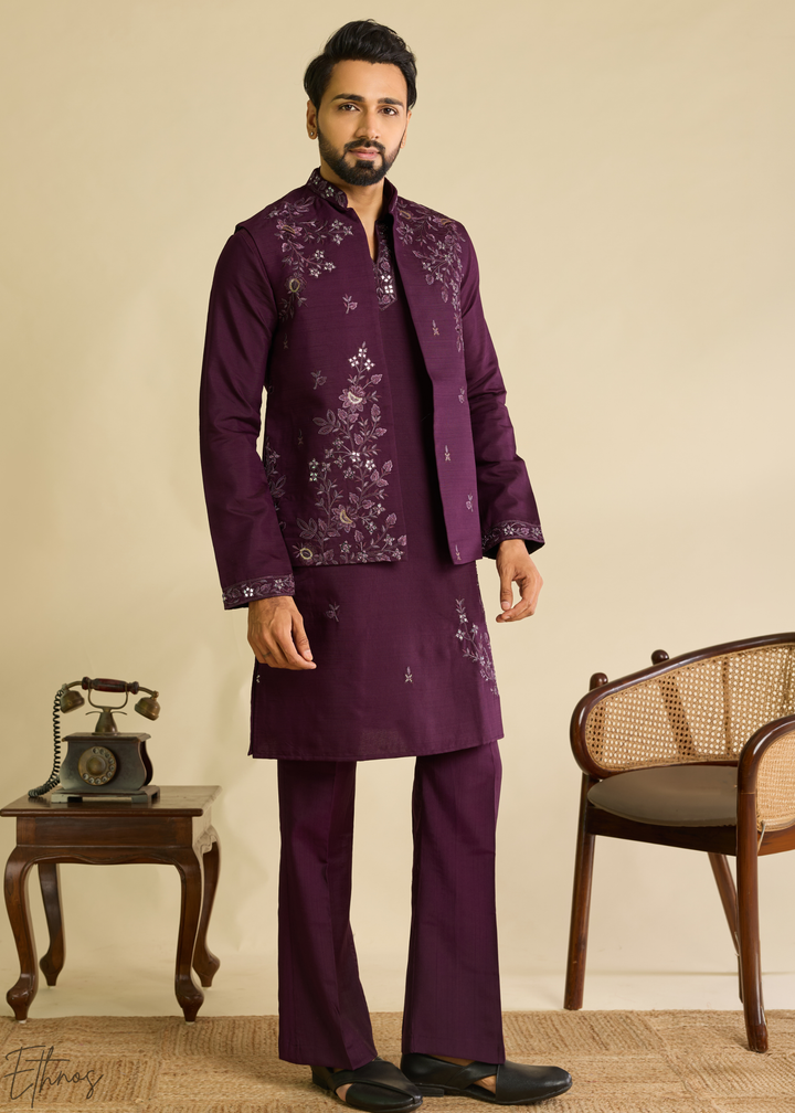 Plum Purple Floral-Embroidered Silk Tunic Waistcoat Set
