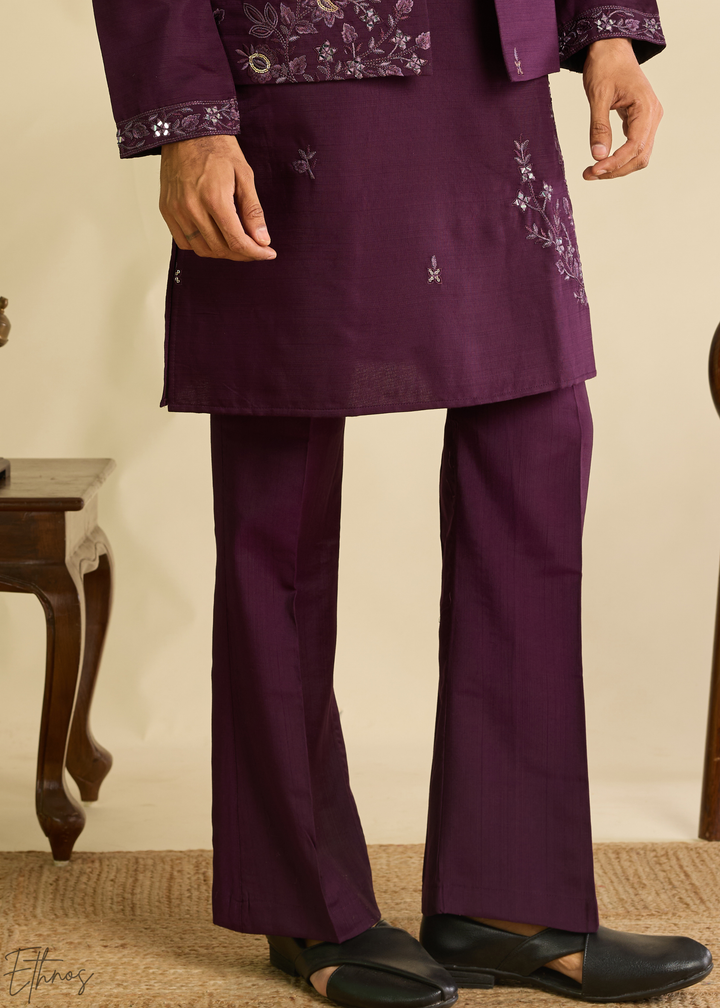 Plum Purple Floral-Embroidered Silk Tunic Waistcoat Set