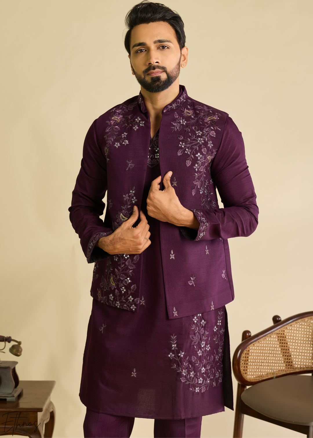 Plum Purple Floral-Embroidered Silk Tunic Waistcoat Set
