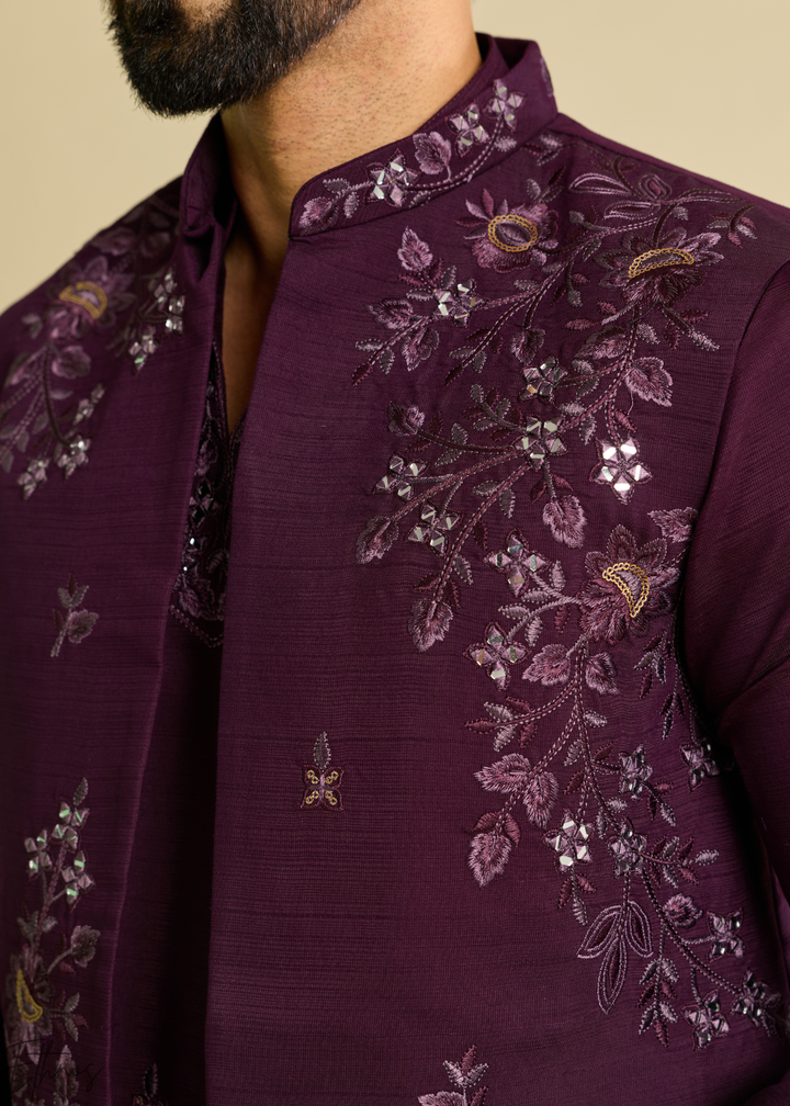 Plum Purple Floral-Embroidered Silk Tunic Waistcoat Set