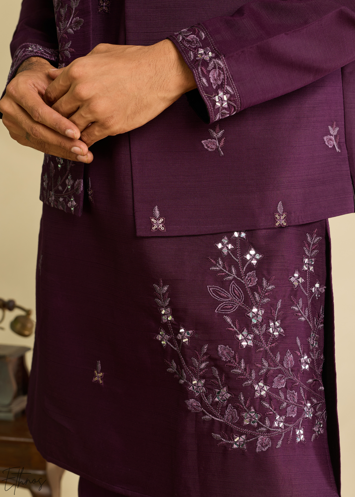 Plum Purple Floral-Embroidered Silk Tunic Waistcoat Set