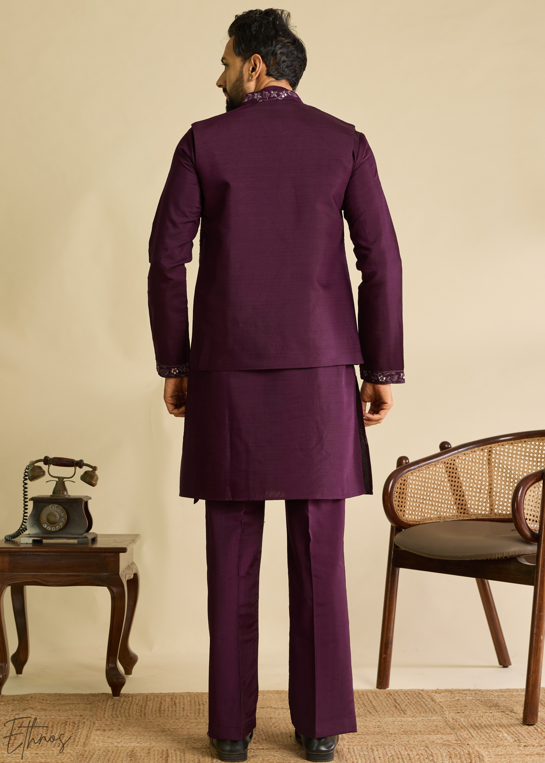 Plum Purple Floral-Embroidered Silk Tunic Waistcoat Set