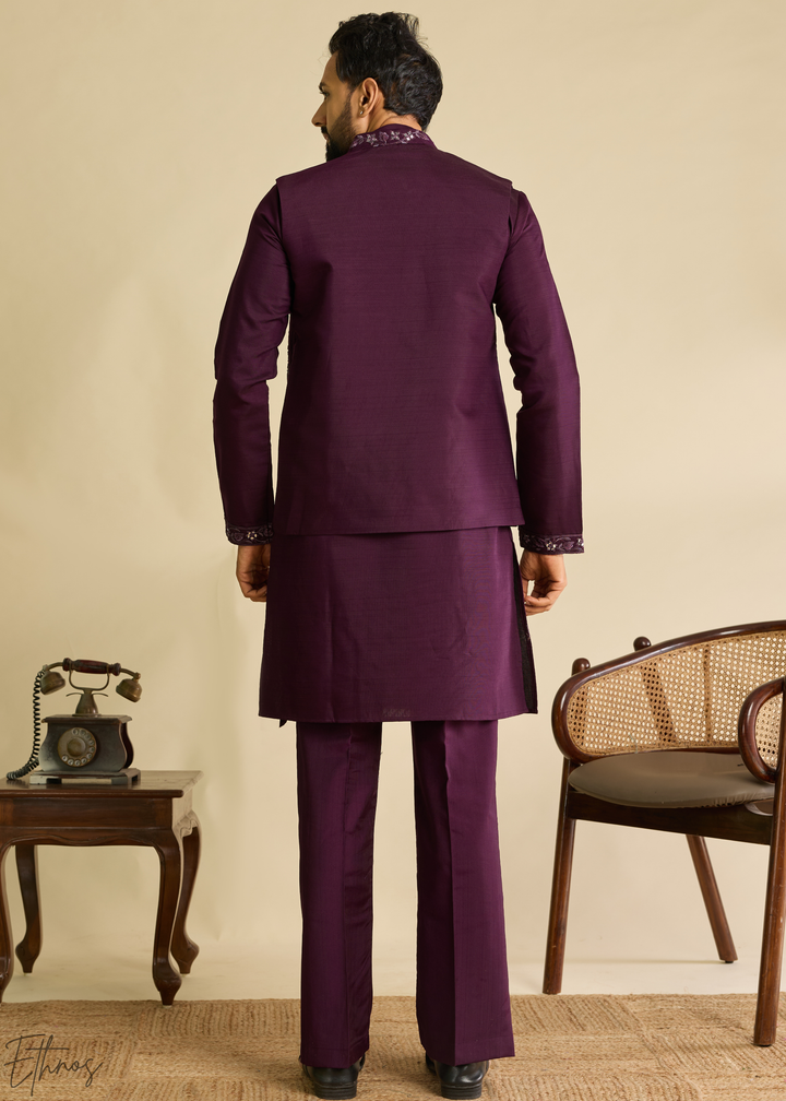 Plum Purple Floral-Embroidered Silk Tunic Waistcoat Set