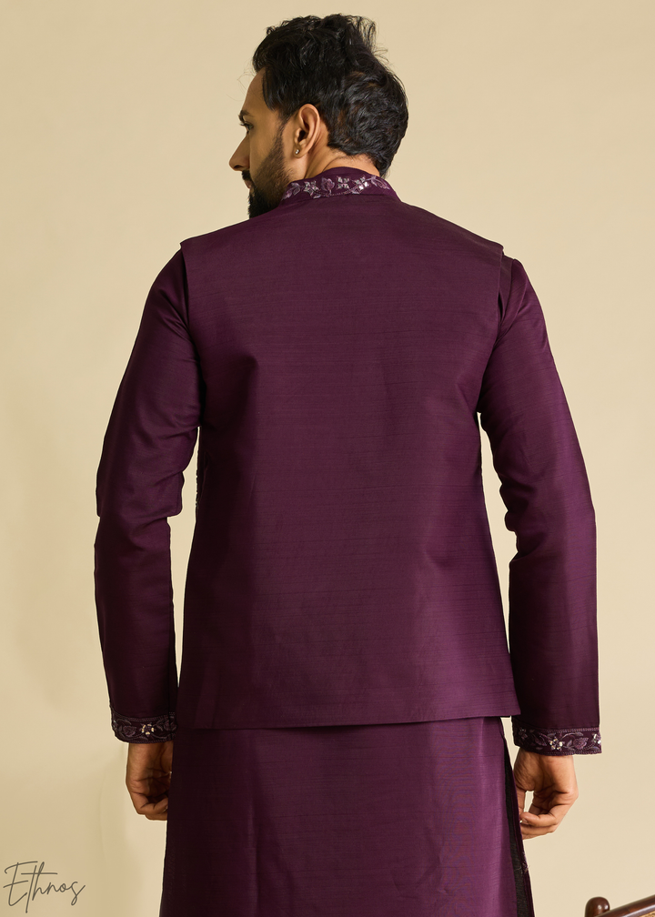Plum Purple Floral-Embroidered Silk Tunic Waistcoat Set