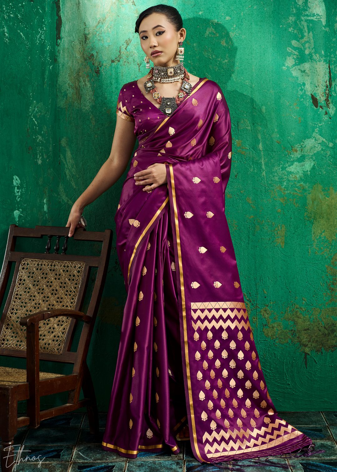 Deep Plum Leheriya Chevron Satin Saree