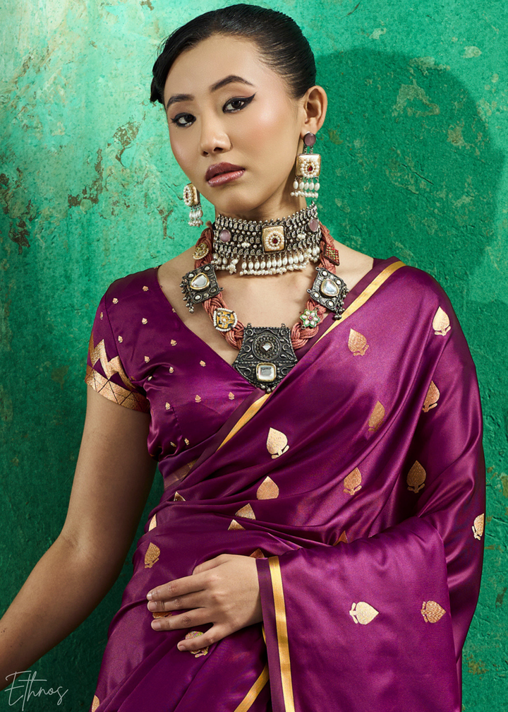 Deep Plum Leheriya Chevron Satin Saree