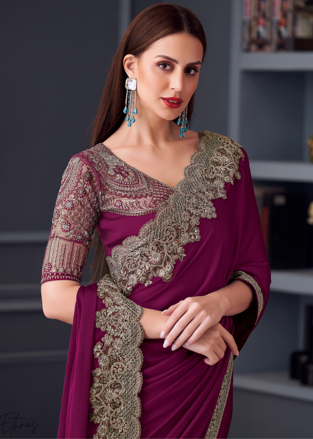 Deep Plum Purple Heavy Border Embroidered Georgette Saree