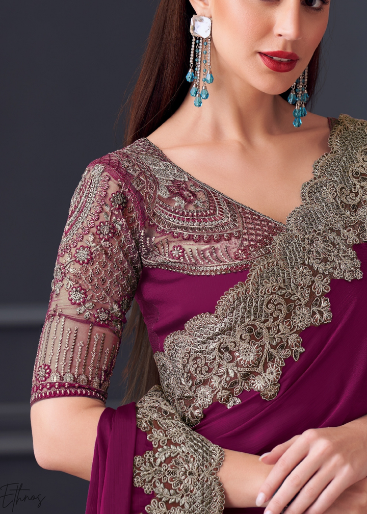Deep Plum Purple Heavy Border Embroidered Georgette Saree
