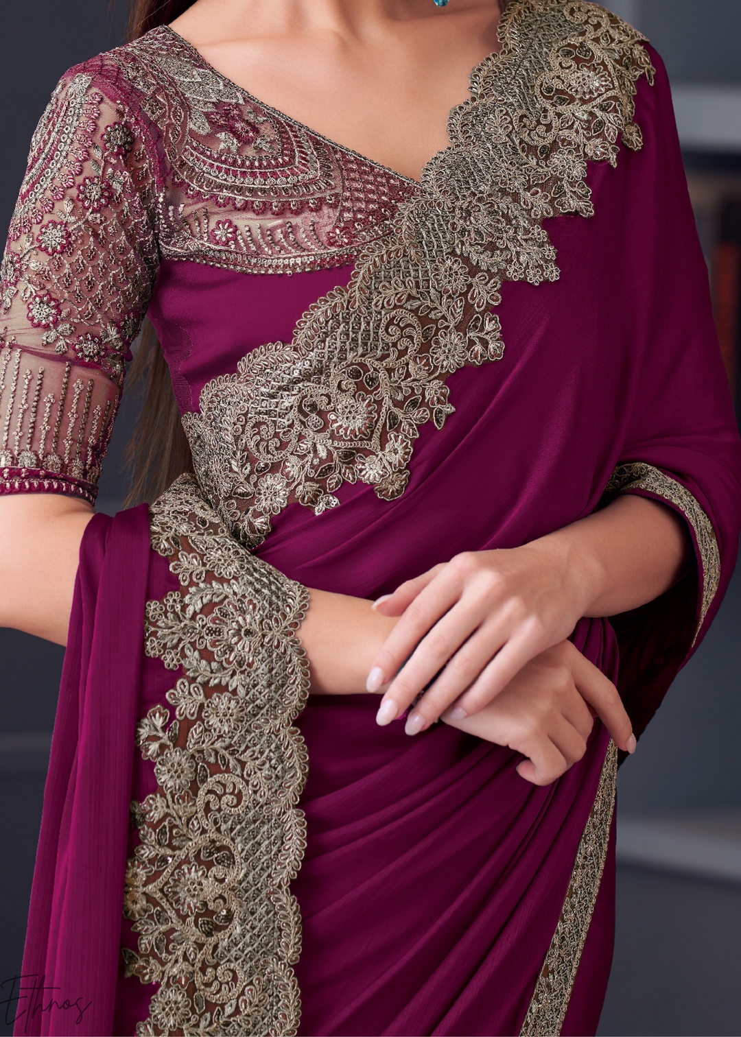 Deep Plum Purple Heavy Border Embroidered Georgette Saree