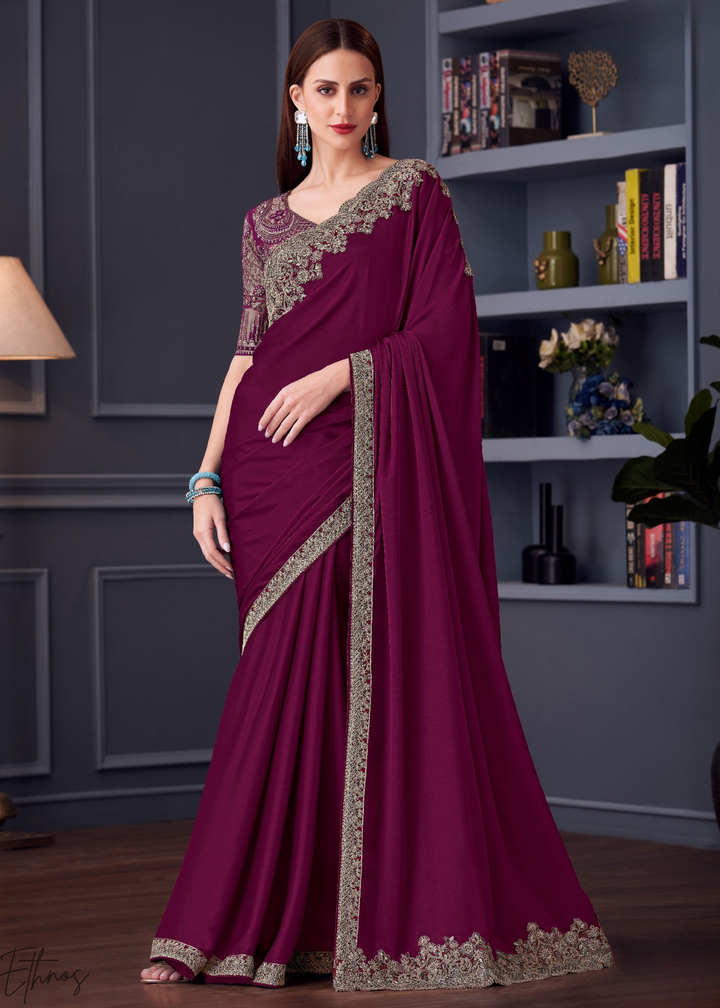 Deep Plum Purple Heavy Border Embroidered Georgette Saree