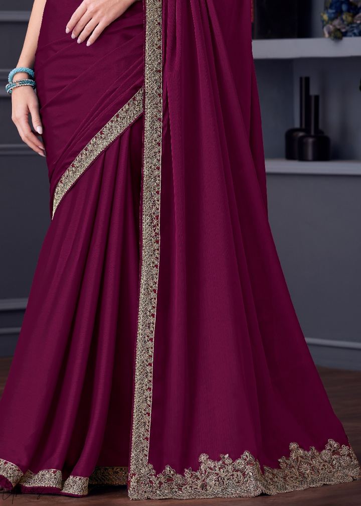 Deep Plum Purple Heavy Border Embroidered Georgette Saree