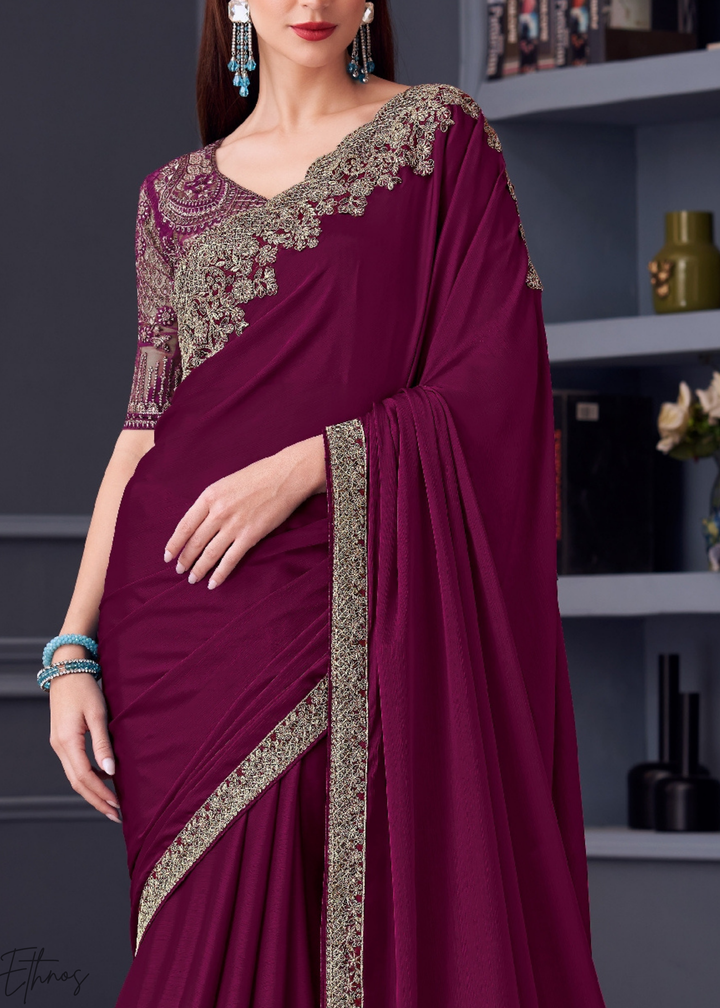 Deep Plum Purple Heavy Border Embroidered Georgette Saree